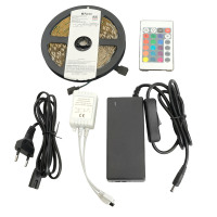 Светодиодная LED лента Feron LS606, 60SMD(5050)/m 14.4W/m 12V 5m RGB c адаптером с вилкой, контроллером с пультом в комплекте в каталоге электрики 220.ru, артикул 27706