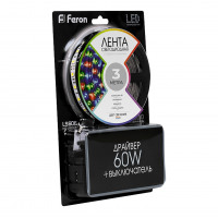 Светодиодная LED лента Feron LS606, 60SMD(5050)/m 14.4W/m 12V 3m RGB с адаптером с вилкой, контроллером с пультом в комплекте в каталоге электрики 220.ru, артикул 27722
