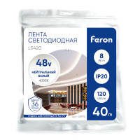 Лента светодиодная стабилизированная 120SMD(2835)/м 8Вт/м 48V 40000*10*1.22мм 4000К, IP20 LS420 FERON в каталоге электрики 220.ru, артикул 48792