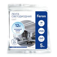 Светодиодная LED лента Feron LS617, 240SMD(2835)/м 19Вт/м 12V 5000*10*1.22мм 6500К, IP20 в каталоге электрики 220.ru, артикул 48828