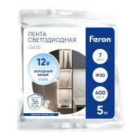 Светодиодная COB лента Feron LS630, 400SMD(2110)/ 7Вт/м 12V 5000*3*1.8мм 6500K, IP20 в каталоге электрики 220.ru, артикул 48949