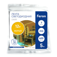 Светодиодная COB лента Feron LS630, 400SMD(2110)/ 7Вт/м 12V 5000*3*1.8мм желтый, IP20 в каталоге электрики 220.ru, артикул 48950