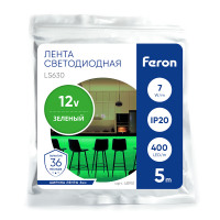 Светодиодная COB лента Feron LS630, 400SMD(2110)/ 7Вт/м 12V 5000*3*1.8мм зеленый, IP20 в каталоге электрики 220.ru, артикул 48951