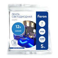 Светодиодная COB лента Feron LS630, 400SMD(2110)/ 7Вт/м 12V 5000*3*1.8мм синий, IP20 в каталоге электрики 220.ru, артикул 48953