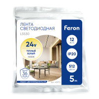 Светодиодная COB лента Feron LS530, 512SMD(2110) 12Вт/м 24V 5000*10*1.8мм 3000К IP20 в каталоге электрики 220.ru, артикул 48970